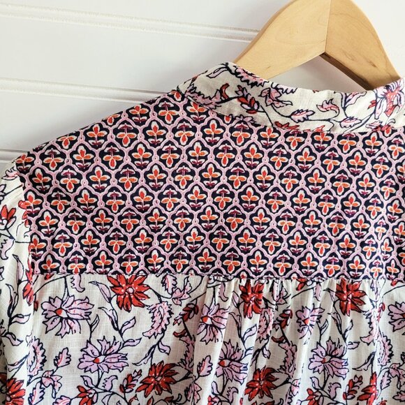 J. Jill Top Womens M Cream and Red Colorblock Print Button Up Cotton Gauzy Sheer - Picture 9 of 11